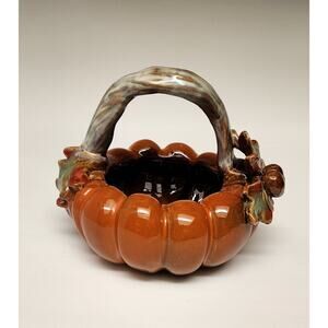 Tii Collections Ceramic Pumpkin Leaf and Stem Handle Dark Autumn Colors Decor